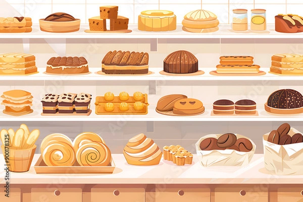 Fototapeta illustration of a bakery with shelves and counters filled with assorted breads and pastries, highlighting the freshness and variety of baked goods.