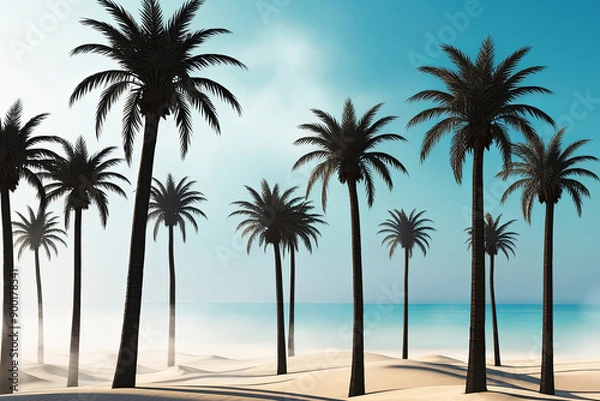 Fototapeta Tall palm trees against a vibrant summer sky with ample