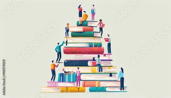 Fototapeta Illustration of people climbing stacks of books, symbolizing knowledge, growth, and educational achievement