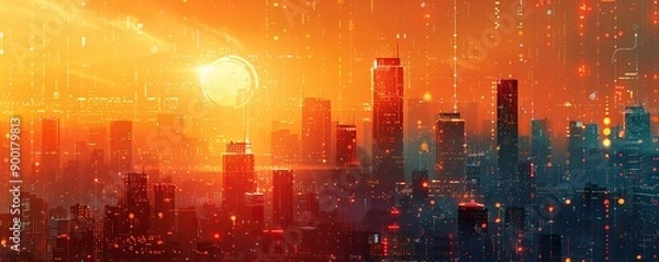 Fototapeta Futuristic Cityscape with Glowing Lights and Digital Overlays