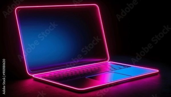 Fototapeta Neonlit laptop with glowing pink and blue frame, dark background, futuristic tech vibe