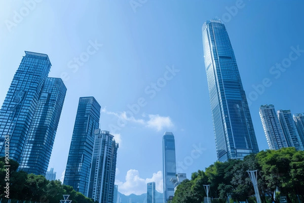 Fototapeta Skyscrapers Reaching into a Bright Blue Sky with White Clouds on a Sunny Day