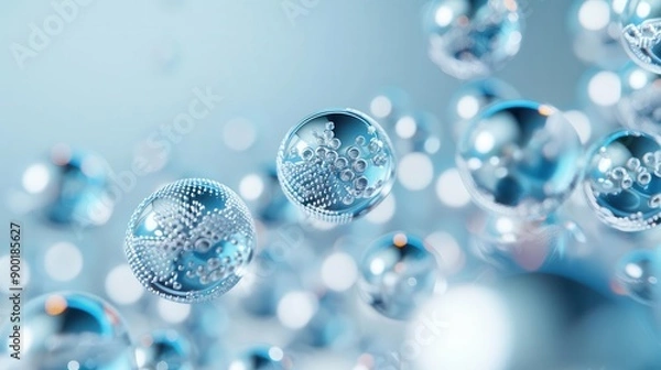 Fototapeta Abstract blue spheres floating in the air with a blurred background.