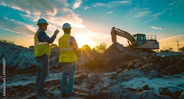 Fototapeta Construction workers talk about plans on site at sunset.

