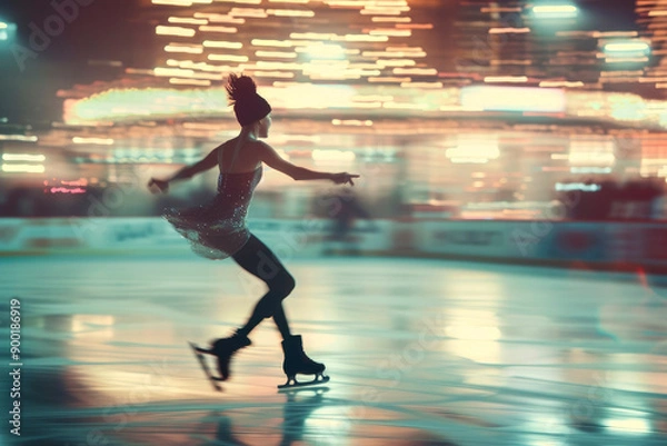 Fototapeta A figure skater gracefully glides on an ice rink, surrounded by sparkling lights and captivated by the thrill of performing under the city's night sky.