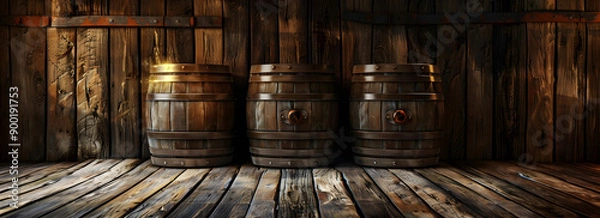 Fototapeta "Wooden Background with Round Table and Beer Barrels"