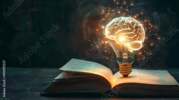 Fototapeta Knowledge is Power, Brain in a Light Bulb Over an Open Book