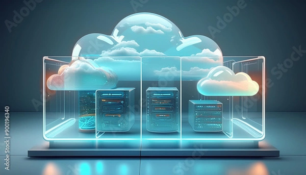 Obraz A digital cloud computing concept featuring data storage, security, and technology icons, perfect for illustrating modern cloud services and tech infrastructure.