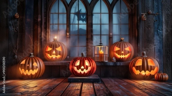 Fototapeta Spooky Halloween scene with carved pumpkins glowing in front of gothic windows. Perfect autumn decoration for a haunted festive ambiance.