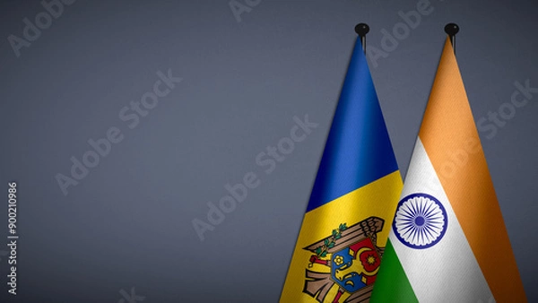 Fototapeta 3D rendering of two flag from Moldova and India on flagpoles with Gray background for diplomatic. bilateral relations. peace and conflict between countries. Fabric