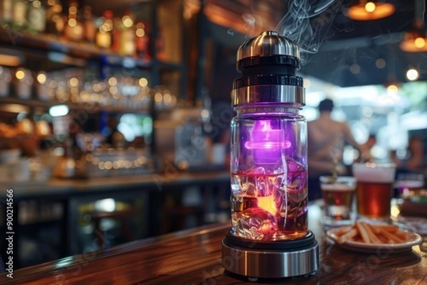 Fototapeta Neon lit bar scene with bottles showcasing a vibrant nightlife and modern design elements