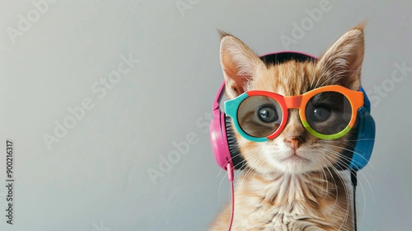 Obraz A stylish cat wearing colorful sunglasses and headphones against a plain background, representing a fun and trendy pet concept with ample copy space.
