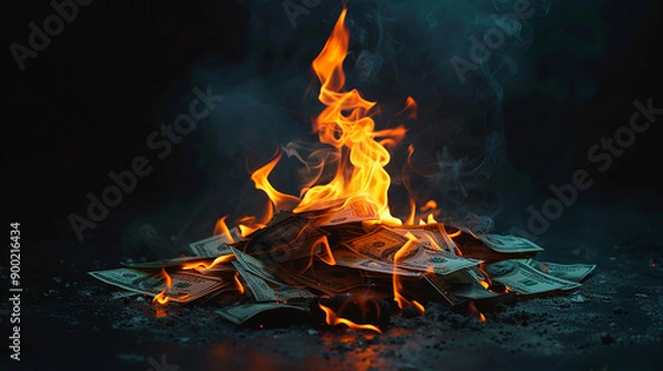 Obraz Burning pile of money with intense flames and smoke, representing loss, waste, or dramatic financial crisis.