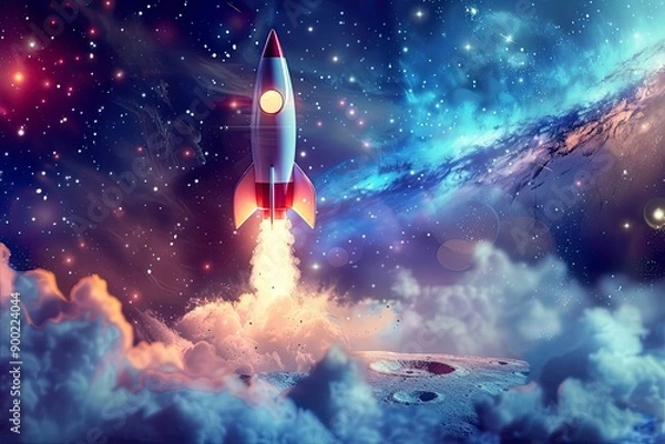 Fototapeta Rocket Launch in a Starry Sky.