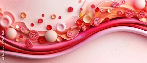 Fototapeta Vibrant Abstract Flow of Blood Cells and Organic Shapes, a dynamic composition of swirling red and pink hues featuring various blood cell representations amidst fluid patterns.