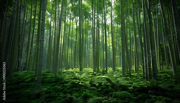 Fototapeta A serene bamboo forest with tall, slender bamboo stalks reaching towards the sky, and a forest floor covered in green moss and ferns.