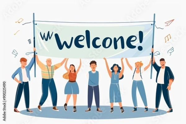 Obraz a group of people holding up a banner that says welcome