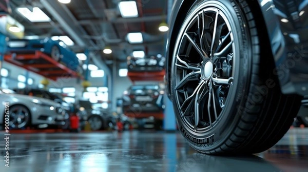 Obraz A close-up view of a car wheel in a modern auto repair shop, highlighting the sleek design and professional automotive environment.