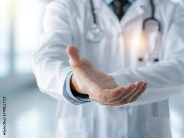 Fototapeta A doctor extending a hand in a gesture of welcome or assistance, symbolizing healthcare and patient support. Doctor hold open palms novelty products advising good quality vitamins.