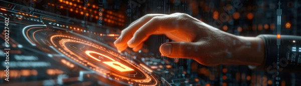 Fototapeta AI cyber security,  Close-up of a hand hovering over a glowing hologram lock icon, with a sleek, futuristic interface backdrop. The hand is poised to touch the lock, symbolizing