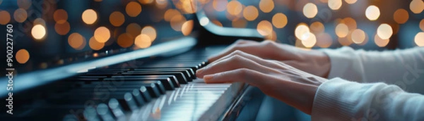 Fototapeta Close-up of hands playing piano keys, illuminated by blurred bokeh lights, creating a serene and artistic atmosphere.