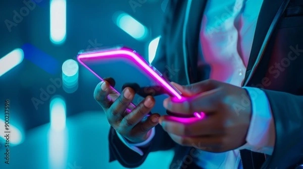 Fototapeta Modern Business Technology - Close-up of Neon-Trimmed Smartphone Held by Executive in Sleek Office Setting