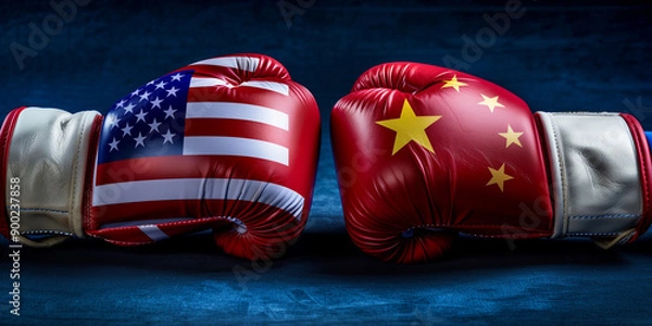 Fototapeta Close-up of boxing gloves featuring the flags of the USA and China facing each other, symbolizing political and economic rivalry between the two countries.
