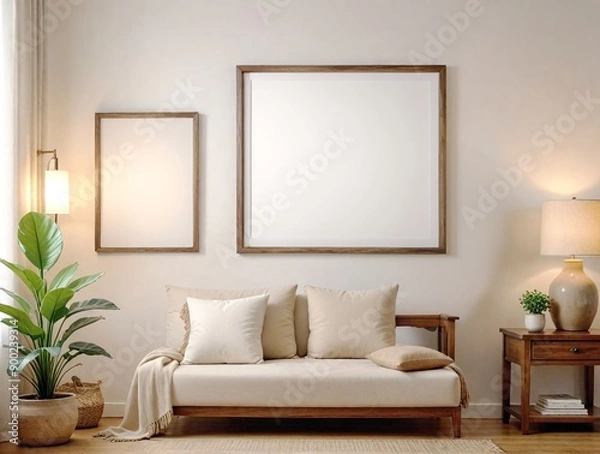 Fototapeta Sofa and blanket, large blank framed poster mockup, and plants, natural light background, home decor concept. 3D Rendering
