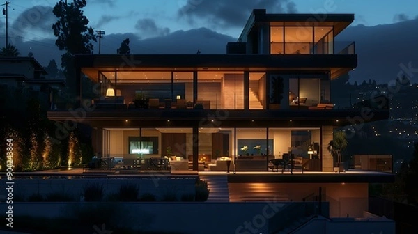 Obraz Luxurious Waterfront Home at Night. night view of the Lovely Home. AI-generated image 
