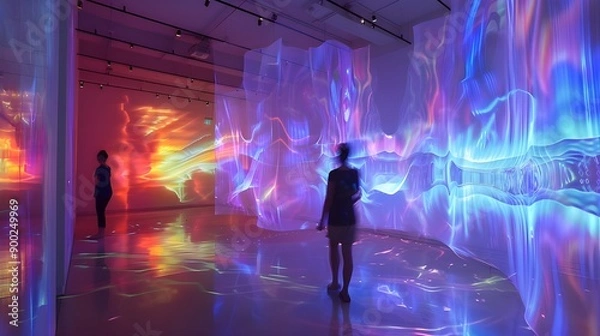 Fototapeta Art Installation Featuring Holographic Projections of Flowing Forms and Vibrant Colors, Creating an Otherworldly Atmosphere in the Gallery Space