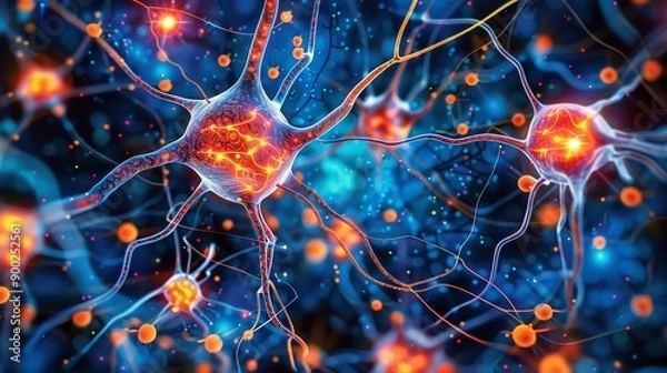 Fototapeta Close-up view of glowing neurons with vibrant connections, displaying the intricate beauty of the nervous system.