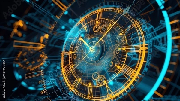 Fototapeta Futuristic clock design with vibrant blue and orange tones showcasing intricate details and glowing effects.