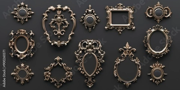 Fototapeta Collection of ornate gold frames on a dark or black background, ideal for use as a decorative element in design projects