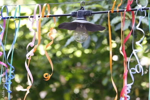 Obraz Nature: Light hanging outside on a wire with colored ribbons hanging down with green trees as a background.