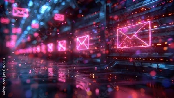 Fototapeta Futuristic Digital Communication Concept with Neon Email Icons in a High-Tech Data Center Environment