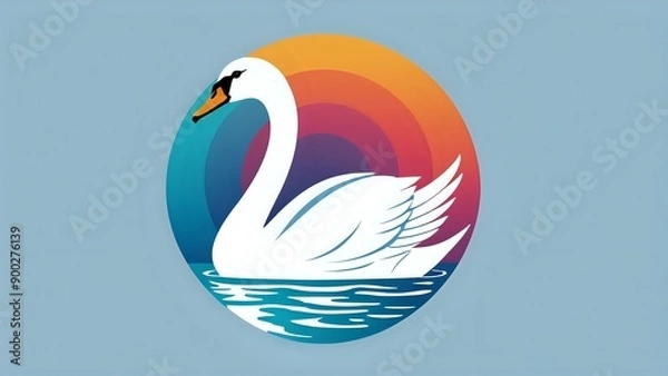 Fototapeta A white swan with an orange beak, swimming in blue water, against a colorful background.