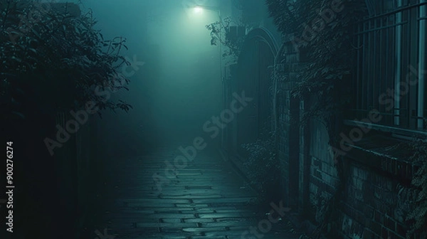 Fototapeta A mysterious alley shrouded in fog, illuminated by a solitary streetlight, creating an eerie and atmospheric scene.