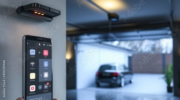 Fototapeta A high-tech garage door opener app on a smartphone, with the garage door visible in the background starting to open automatically.