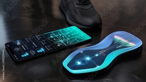 Fototapeta A high-tech shoe insole displayed next to a smartphone, showing pressure points and gait analysis to help correct posture and enhance running efficiency.