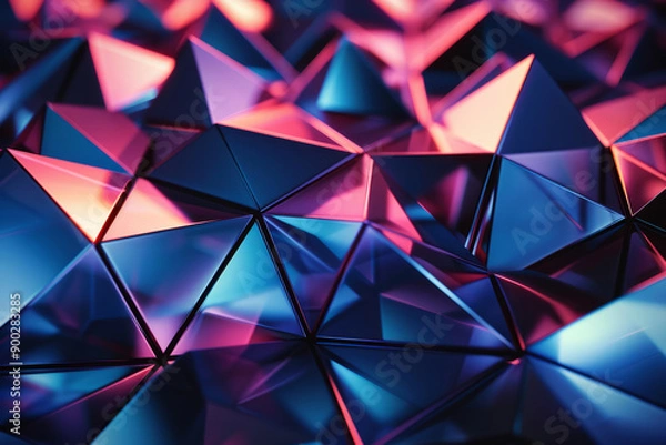 Fototapeta Abstract geometric pattern with triangular shapes and illuminated with neon lighting