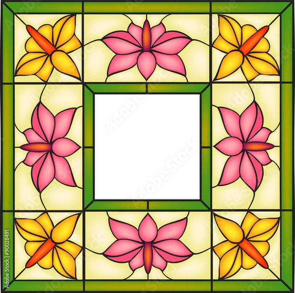 Fototapeta Floral symmetric composition, vector illustrations in stained glass window