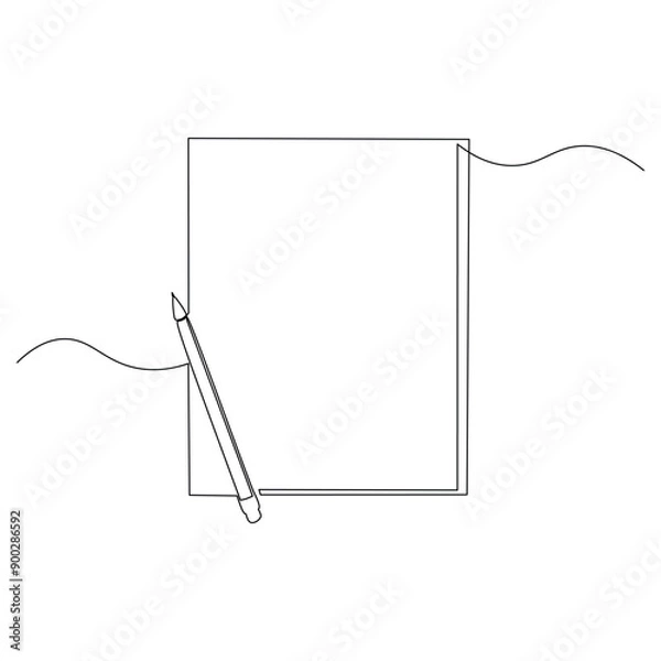 Fototapeta a simple line drawing of a blank sheet of paper with a pencil resting diagonally on it. Illustration design for discussions related to writing, drawing, education, or office work