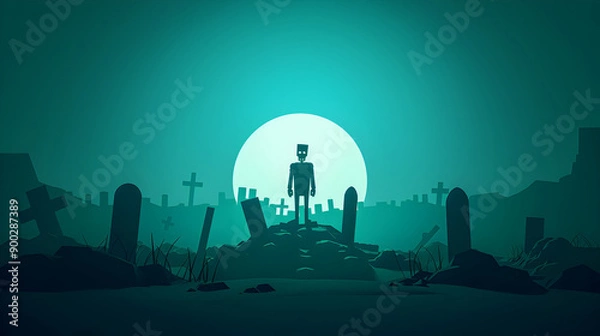 Obraz Dark and Eerie Frankenstein-Inspired Halloween Scene with Minimalist Silhouettes and Haunting Atmosphere