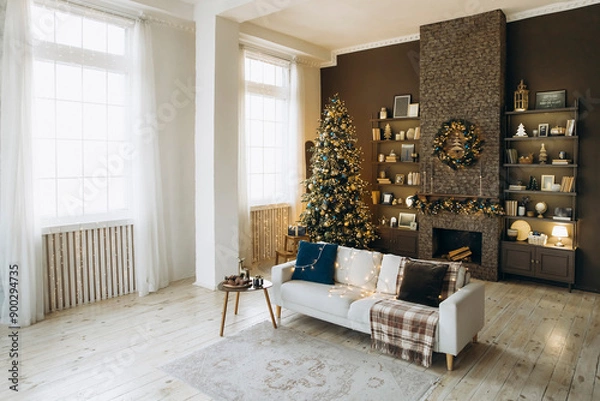 Obraz Cozy living room decorated for Christmas with a white sofa, a beautifully adorned Christmas tree, a fireplace with festive wreath, bookshelves, and large windows with sheer curtains