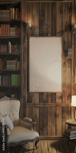 Fototapeta Create a high-quality image of a cozy and rustic library interior featuring an empty poster mockup for copy space.