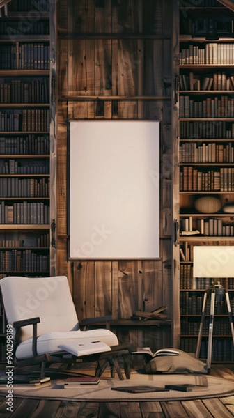 Fototapeta Create a high-quality image of a cozy and rustic library interior featuring an empty poster mockup for copy space.