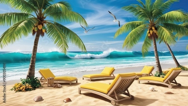 Obraz summer chairs on the beach under beautiful coconut trees