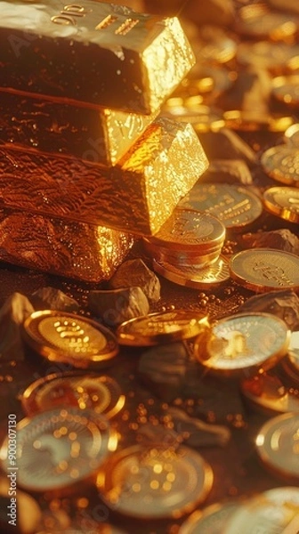 Fototapeta Мерцающие золотые слитки и разбросанные монеты, золотые кирпичи, сокровище, концепция богатства