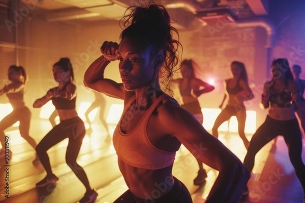 Fototapeta An energetic fitness class in a well-equipped gym, with participants actively following the instructor s lead. The scene captures individuals performing high-intensity exercises such as aerobics