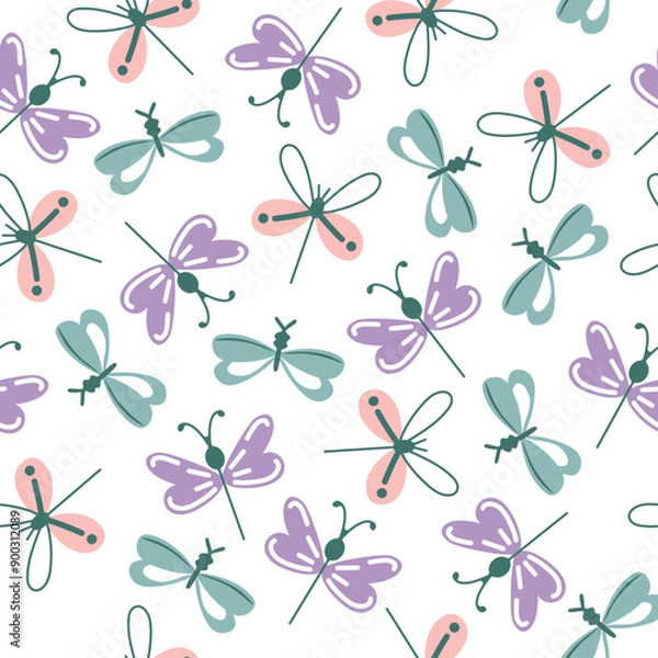 Fototapeta Cute seamless pattern with colorful butterflies on white background 